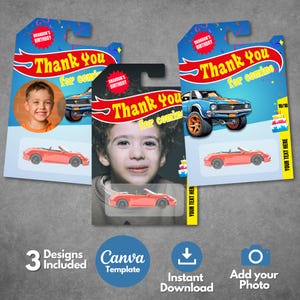 Bearbeitbare Spielzeugauto-Verpackung Danke-Tag-Vorlage, druckbares Auto-Geburtstags-Bevorzugungsetikett, benutzerdefinierte Rennwagen-Tag-Partyzubehör, Canva-Vorlage.