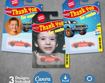 Editable Toy Car Packaging Thank you Tag Template, Printable Car Birthday Favor Tag, Custom Race Car Tag Party Supplies, Canva template.