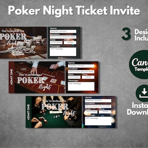 Plantilla de invitación de entrada editable para la Noche de Póquer, Entrada sorpresa para la Noche de Póquer imprimible, Invitación de vale para la noche del juego de cartas, Plantilla Canva