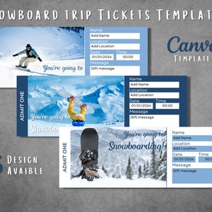 Bearbeitbare Snowboard-Urlaubsreise-Eintrittsvorlage, bedruckbare Snowboard-Reise-Geschenk-Eintrittskarte, benutzerdefinierte Snowboard-Pass-Canva-Vorlage