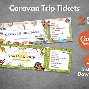 Modèle de billet de voyage en caravane modifiable, billet cadeau surprise imprimable pour les vacances en caravane, bon d'invitation camping week-end, modèle Canva