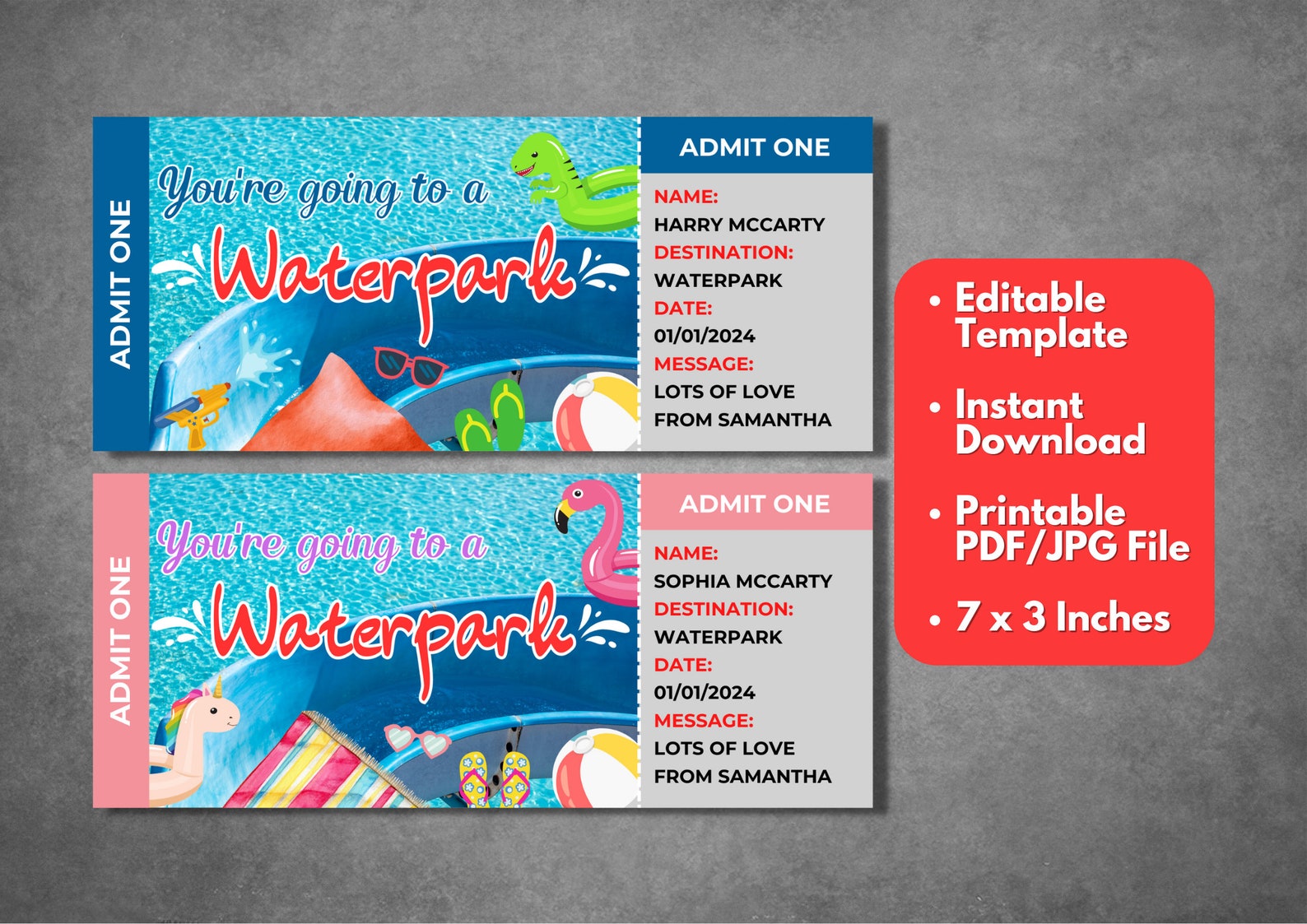 Editable Waterpark Ticket Template, Printable Waterpark Ticket for Boy and Girl Template ...
