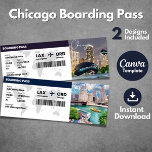 Editable Chicago Boarding Pass Template, Printable Chicago Illinois Vacation Trip Ticket, Custom Chicago Ticket Voucher, Canva template