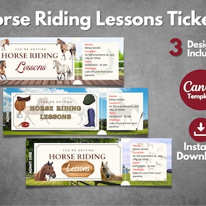 May include: Three printable horse riding lesson ticket designs. Each ticket features a different horse image and says "You're getting horse riding lessons".