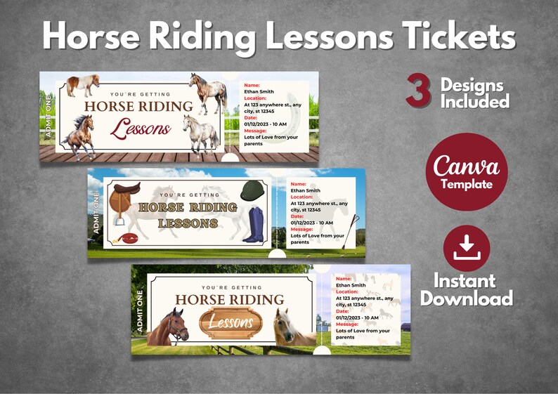Horse Riding Lessons Ticket Template, Printable Canva Invitation ...
