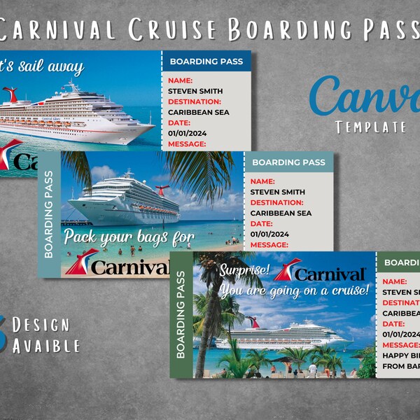 Printable Carnival Cruise Line surprise ticket template, Editable Carnival Cruise boarding pass, Carnival Cruise vacation trip gift ticket