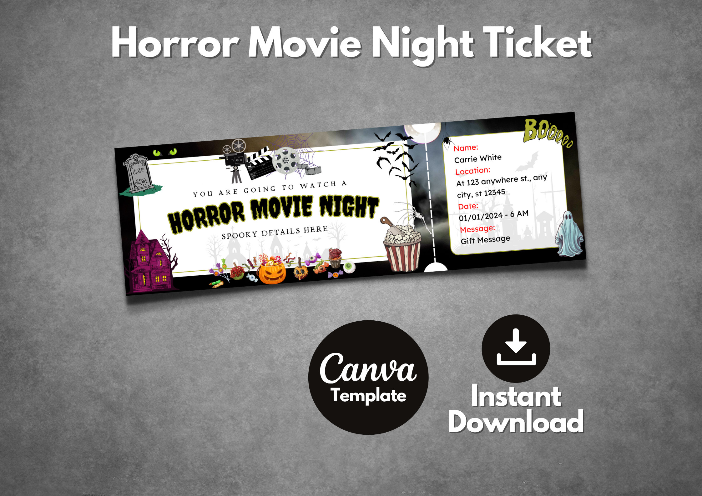 Horror Movie Night Ticket Template, Spooky Halloween Invitation (canva ...