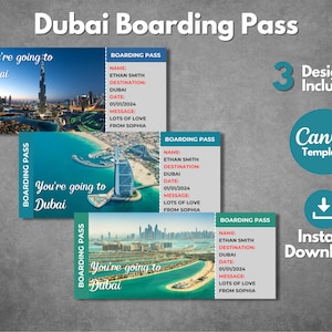 Modelo de bilhete-presente surpresa editável para Dubai, voucher de cartão de embarque para viagem para Dubai para impressão, bilhete-presente para Dubai nos Emirados Árabes Unidos revelado