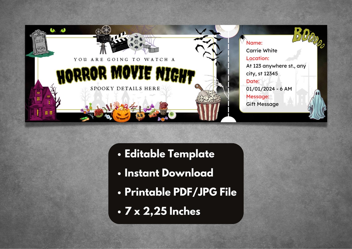 Horror Movie Night Ticket Template, Spooky Halloween Invitation (canva ...