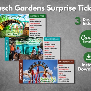 Modelo editável de vale-presente surpresa do Busch Gardens, cartão de embarque imprimível do Busch Gardens, modelo de voucher de presente personalizado do Busch Gardens