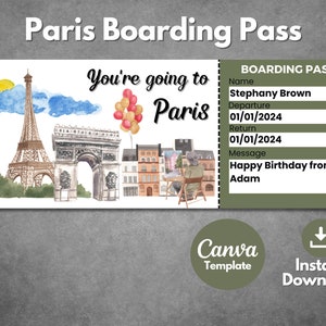 Modello modificabile di biglietto regalo a sorpresa per Parigi Francia, carta d'imbarco stampabile per il viaggio di vacanza a Parigi, modello di rivelazione del biglietto di viaggio a Parigi