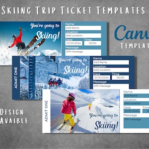 Modèle de révélation de billet surprise de ski modifiable, révélation de billet de voyage de ski de montagne imprimable, passe de voyage de vacances de ski, téléchargement immédiat