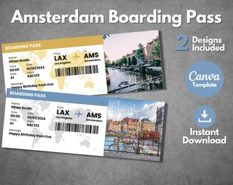 Amsterdam Vacation Boarding Pass Ticket, Surprise Trip Reveal (Digital Download)