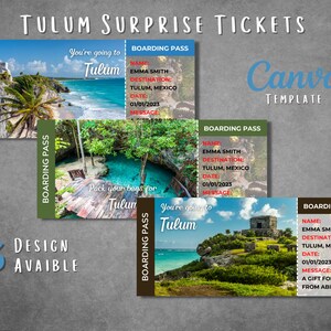 Modèle de billet surprise modifiable pour Tulum, bon imprimable pour carte d'embarquement pour le voyage à Tulum au Mexique, révélation de billet cadeau Tulum, téléchargement immédiat