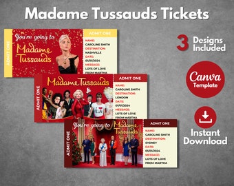 Szablon biletu-niespodzianki do muzeum Madame Tussauds, szablon karty pokładowej do muzeum Madame Tussauds do druku, bilet na prezent na wakacyjną wycieczkę do muzeum Madame Tussauds