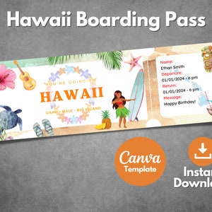 Modelo de bilhete editável para o Havaí, cartão de embarque para impressão nas Ilhas do Havaí, voucher de viagem de férias personalizado em Oahu Maui, Havaí, modelo do Canva
