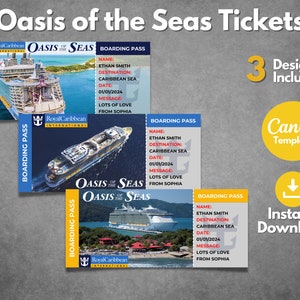 Bewerkbare sjabloon verrassingsticket Royal Caribbean Cruise, afdrukbare Oasis of the Seas-instapkaartsjabloon, uitnodiging cruisecadeaubon