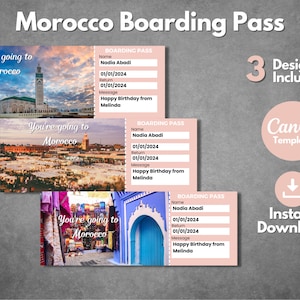 Modèle modifiable de billet surprise pour le Maroc, carte d'embarquement imprimable pour le voyage au Maroc, modèle de toile pour un billet cadeau Rabat Maroc