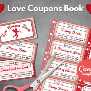Editable love coupons book template, Printable Valentine&#39;s day coupons gift template, Love vouchers for him and her, Valenitne&#39;s day gifts