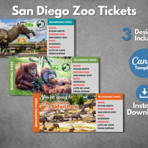 Bearbeitbare San Diego Zoo Ticketvorlagen, bedruckbare San Diego Zoo Geschenkgutschein-Enthüllung, Safari Park Custom Ticket-Einladungsvorlage