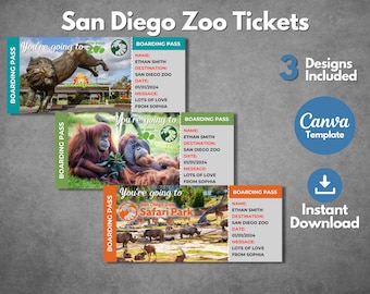 Modèles de billets modifiables pour le zoo de San Diego, révélateur de chèque-cadeau imprimable pour le zoo de San Diego, modèle d'invitation de billet personnalisé Safari Park