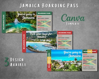 Editable Jamaica surprise ticket template, Printable Jamaica boarding pass vacation trip, Kingston Jamaica gift ticket reveal canva template