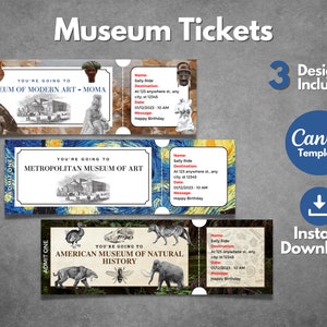 Plantilla de entrada de museo editable, plantilla de vale de museo imprimible, entrada de regalo sorpresa del Día en el Museo, plantilla de Canva