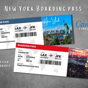 Modèle modifiable de carte d'embarquement pour New York, billet cadeau imprimable pour un voyage à New York, bon de carte d'embarquement personnalisé pour la ville de New York, modèle Canva