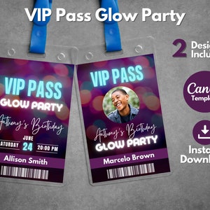 Bewerkbare VIP Pass Glow-feestsjabloon, afdrukbare Glow Party VIP Pass-uitnodigingsbadges, Neon Birthday Party VIP Pass-uitnodigingscanva-sjabloon