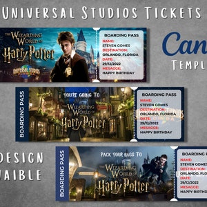 Plantilla editable de boleto sorpresa de Universal Studios, pase de abordar imprimible de The Wizarding World of Harry Potter, boleto de regalo para viaje de vacaciones