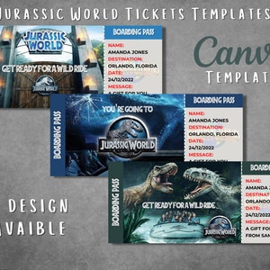 Plantilla editable de boleto sorpresa de Jurassic World, plantilla de tarjeta de embarque imprimible de Universal Studios, vale de viaje de vacaciones de Jurassic World