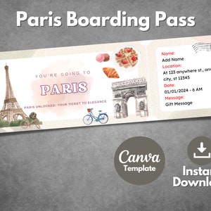 Modelo de bilhete editável para Paris França, cartão de embarque para impressão em Paris, voucher de viagem de férias personalizado em Paris, modelo Canva