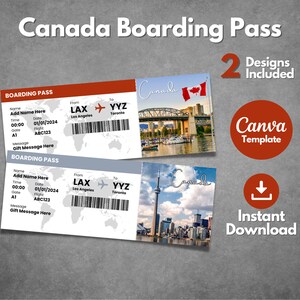 Modèle modifiable de carte d'embarquement pour le Canada, billet imprimable pour le voyage vacances au Canada, carte d'embarquement personnalisée pour le Canada de Toronto, modèle Canva