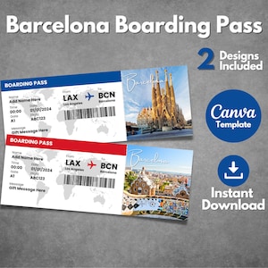 Modelo editável de cartão de embarque em Barcelona, bilhete de viagem de férias em Barcelona para impressão, voucher personalizado em Barcelona Espanha, modelo Canva