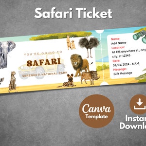 Bearbeitbare Safari-Eintrittskarte, druckbare Safari Afrika-Bordkarte, benutzerdefinierte Safari-Überraschungsgeschenkgutschein, Canva-Vorlage