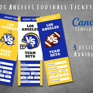 May include: Three printable football ticket templates in blue and yellow with the text "Los Angeles" and "Team Beta". The tickets have a football helmet and a football graphic.