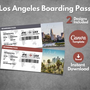 Editable Los Angeles Boarding Pass Template, Printable Los Angeles Airplane Ticket, Custom Los Angeles California voucher, Canva template