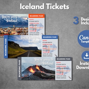 Modello di biglietto a sorpresa modificabile per l'Islanda, modello di carta d'imbarco stampabile per l'Islanda, modello di biglietto regalo per viaggio di vacanza in Islanda