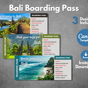 Modèle de billet cadeau surprise modifiable à Bali en Indonésie, carte d'embarquement imprimable pour voyage de vacances à Bali, modèle de révélation de bon de voyage à Bali
