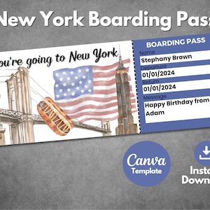 Editable New York surprise gift ticket template, Printable New York vacation trip boarding pass, New York USA trip voucher reveal template