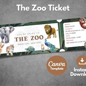 Bewerkbare sjabloon dierentuinticket, afdrukbaar The Zoo-verrassingscadeauticket, uitnodiging aangepaste dierentuinvoucher, Canva-sjabloon