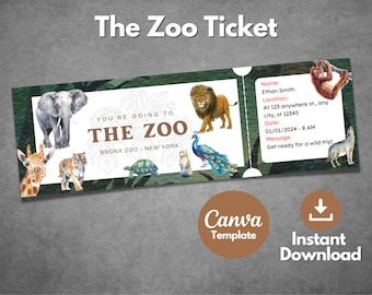 Editable Zoo ticket template, Printable The Zoo surprise gift ticket, Custom Zoo voucher invitation, Canva template