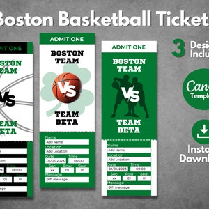 Bearbeitbare Boston Basketball Ticketvorlagen, druckbare Boston Basketball Match Tickets enthüllen, Sport NBA-Spielgeschenkticketpass