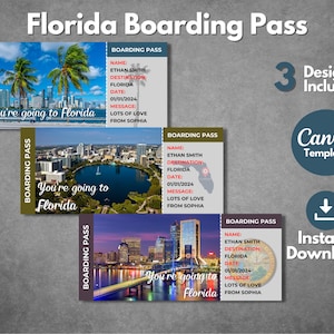 Modello modificabile di biglietto a sorpresa per la Florida, carta d'imbarco per viaggio di vacanza in Florida stampabile, modello di tela per rivelazione biglietto regalo per Miami Florida