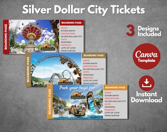 Editable Silver Dollar City surprise ticket template, Printable Silver Dollar City boarding pass template, Silver Dollar City vacation trip