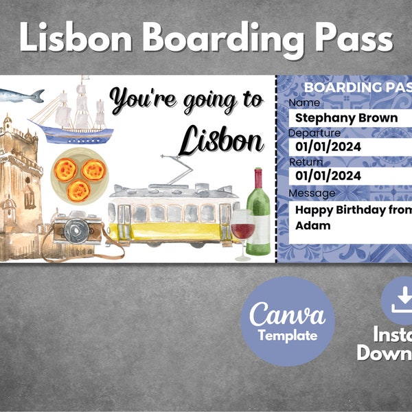 Editable Lisbon Portugal surprise gift ticket template, Printable Lisbon vacation trip boarding pass, Europe trip voucher reveal template