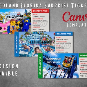 Modelo de bilhete surpresa editável da Legoland Florida, modelo de cartão de embarque imprimível da Legoland Florida, bilhete de presente para viagem de férias da Legoland