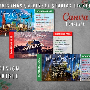 Modello modificabile di biglietto a sorpresa per gli Universal Studios di Natale, carta d'imbarco universale di Natale stampabile, regalo di viaggio di vacanza universale