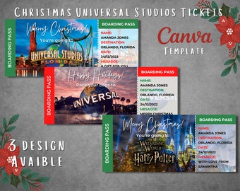 Editable christmas Universal Studios surprise ticket template, Printable christmas Universal boarding pass, Universal vacation trip gift