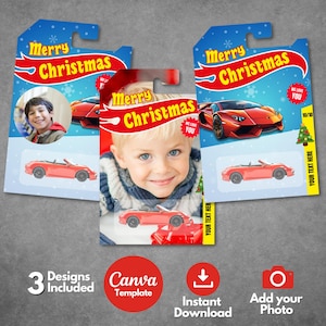 Bearbeitbare Weihnachten Spielzeugauto Verpackung Danke Tag Vorlage, druckbare Auto Partybevorzugung, benutzerdefinierte Rennwagen Tag Partyzubehör, Canva Vorlage.